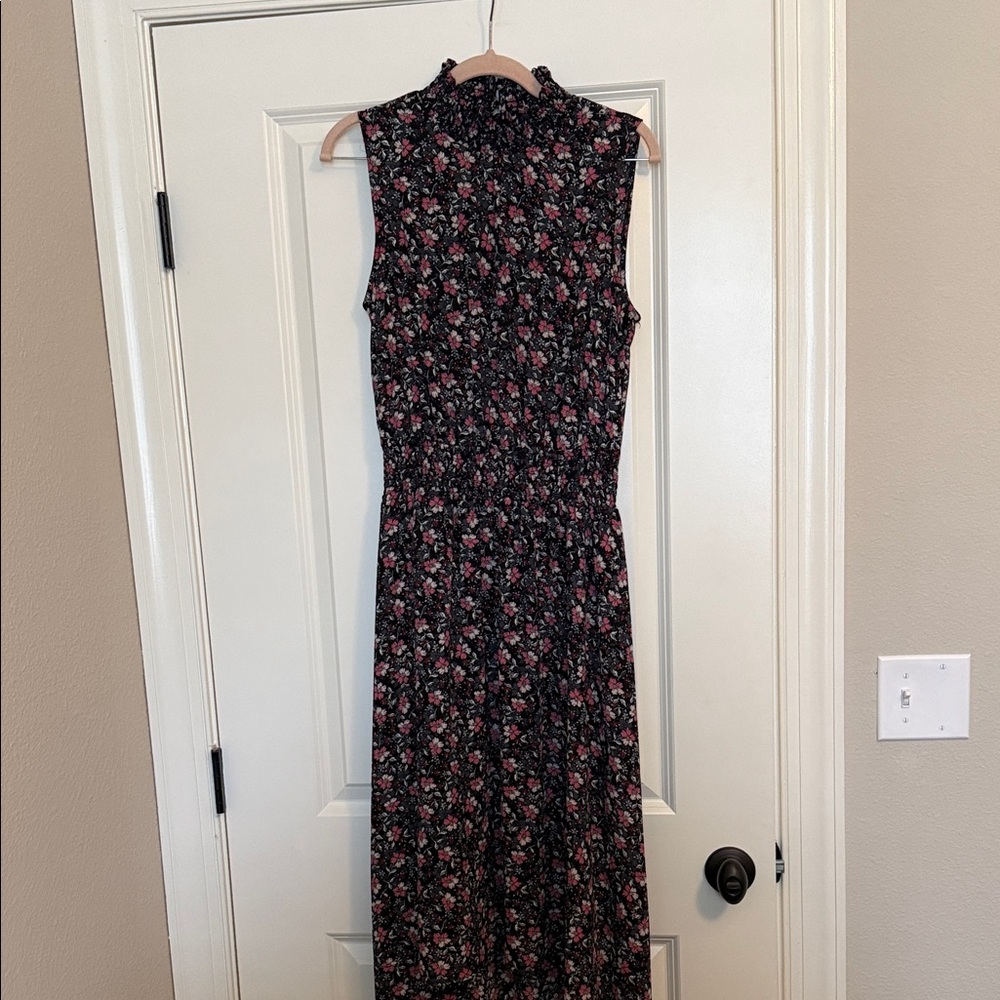 Sleeveless Black Floral Hi low Dress with Pink Accents